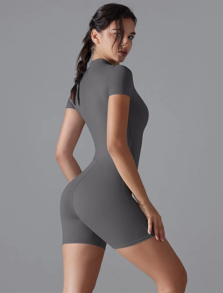 Zipper Short Sleeve Yoga Jumpsuit Grey back