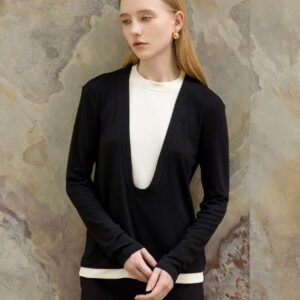 Deep U-Neck Faux Two-Piece Knit Top black front