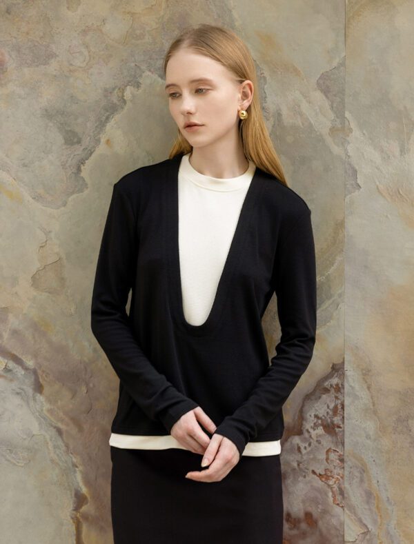 Deep U-Neck Faux Two-Piece Knit Top black front