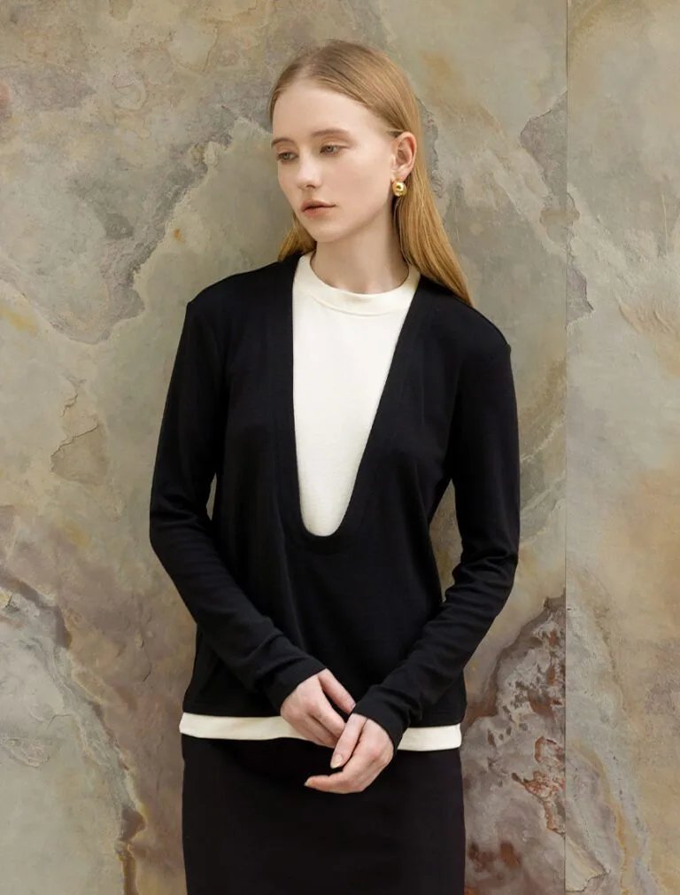 Deep U-Neck Faux Two-Piece Knit Top black front