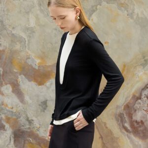 Deep U-Neck Faux Two-Piece Knit Top black side