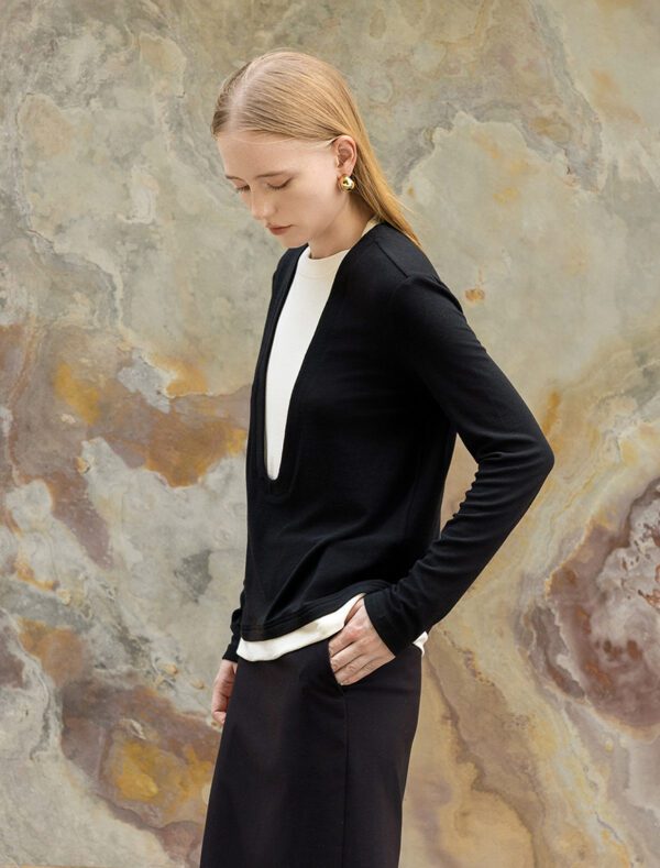 Deep U-Neck Faux Two-Piece Knit Top black side