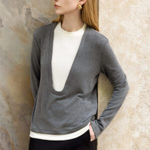 Deep U-Neck Faux Two-Piece Knit Top grey front 1