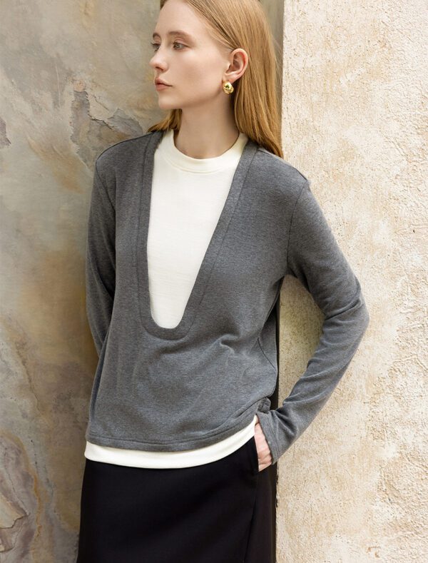 Deep U-Neck Faux Two-Piece Knit Top grey front 1