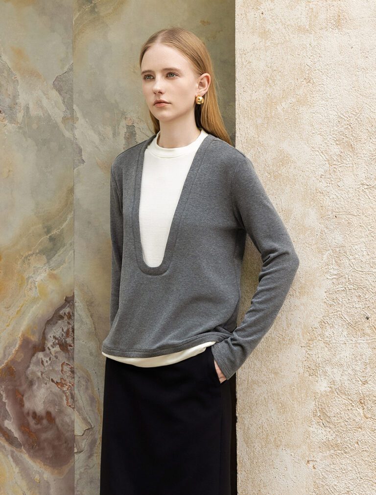 Deep U-Neck Faux Two-Piece Knit Top grey front