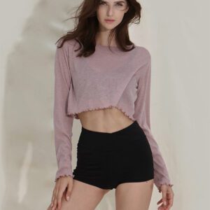Round-Neck Sheer Ruffle-Trim Top pink front