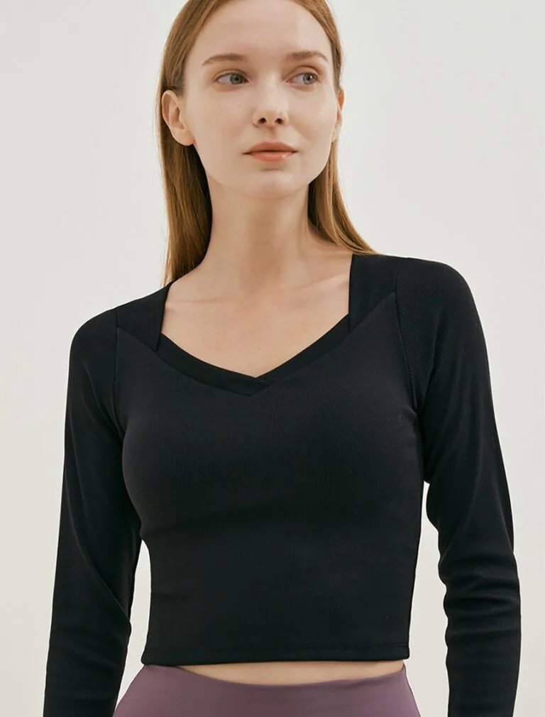 V-Neck Solid Color Sports Top black front 1