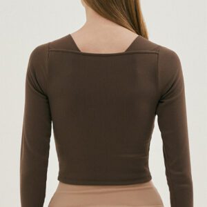 V-Neck Solid Color Sports Top brown back