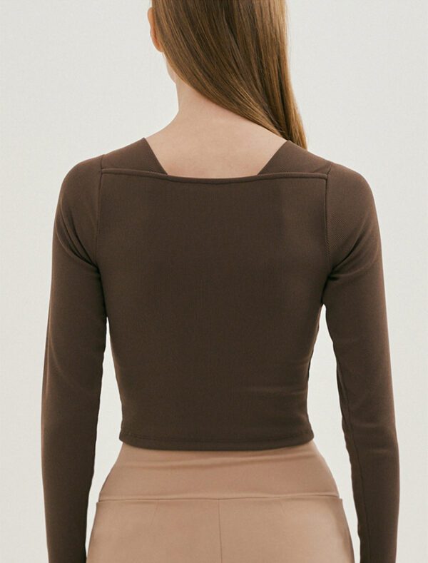 V-Neck Solid Color Sports Top brown back