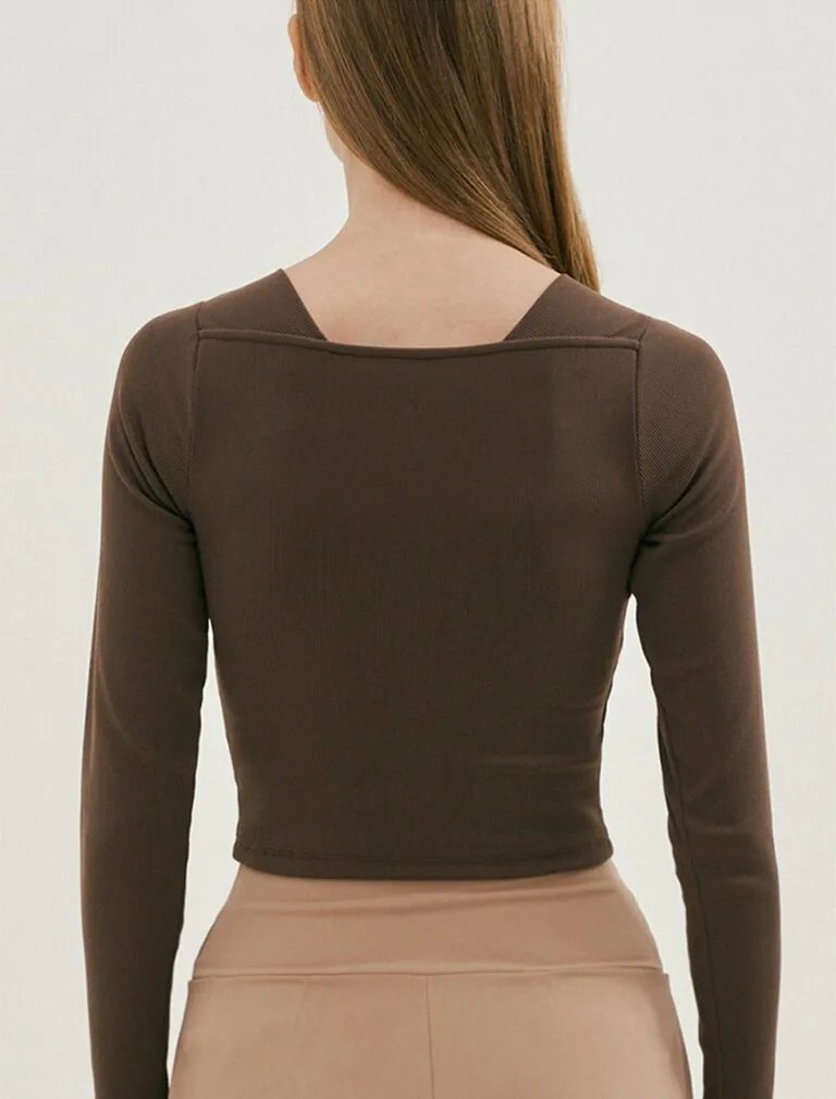 V-Neck Solid Color Sports Top brown back