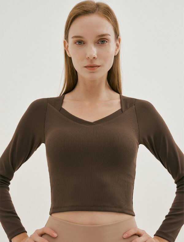V-Neck Solid Color Sports Top brown front