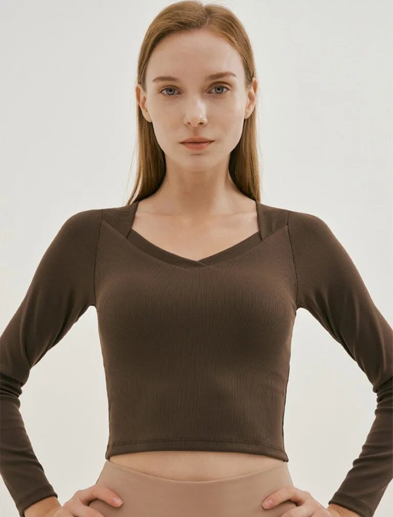 V-Neck Solid Color Sports Top brown front