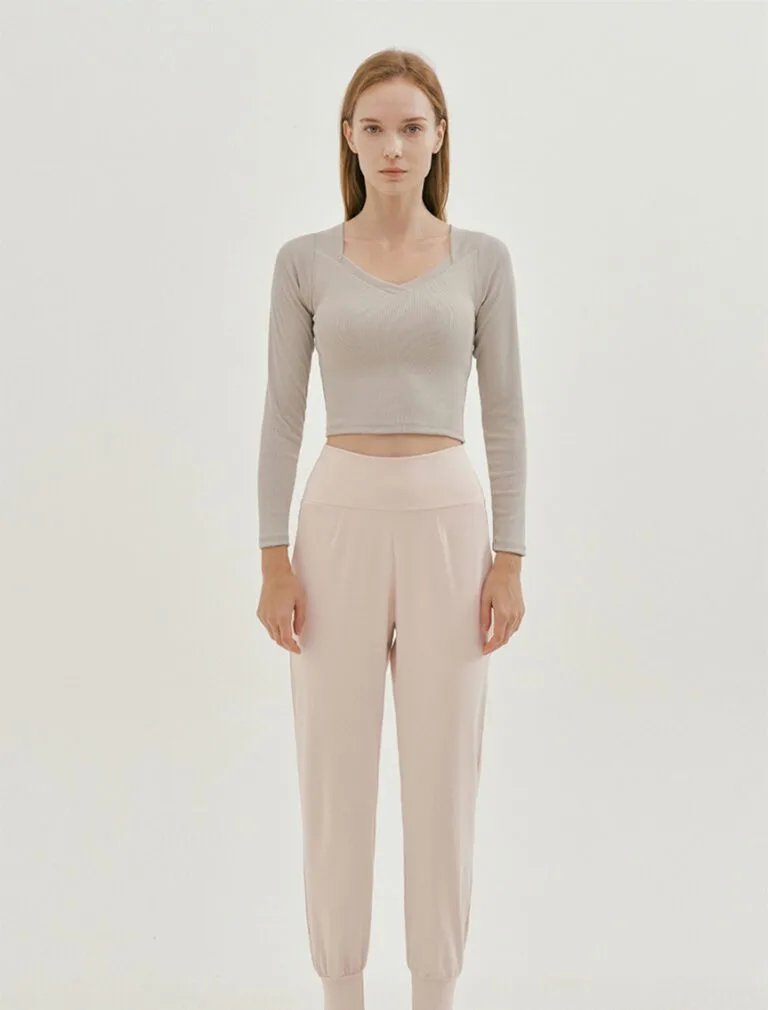 V-Neck Solid Color Sports Top milky grey front 1