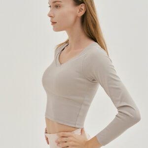V-Neck Solid Color Sports Top milky grey side