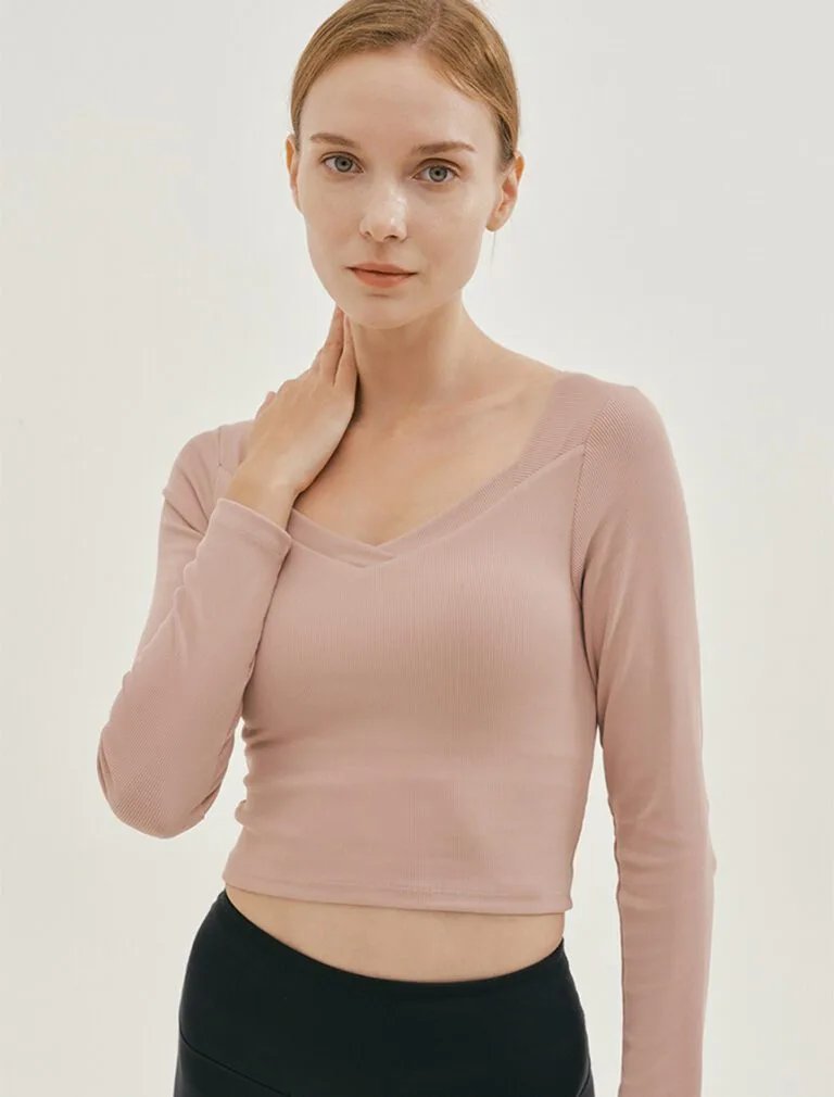V-Neck Solid Color Sports Top pink front