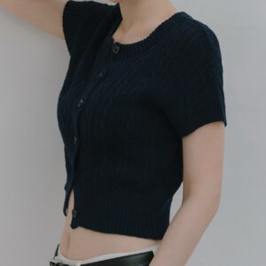 Twist Knit Short-Sleeve Top navy front