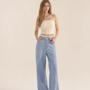 Polka Dot Printed Back Pocket Wide Leg Jeans Denim Pants