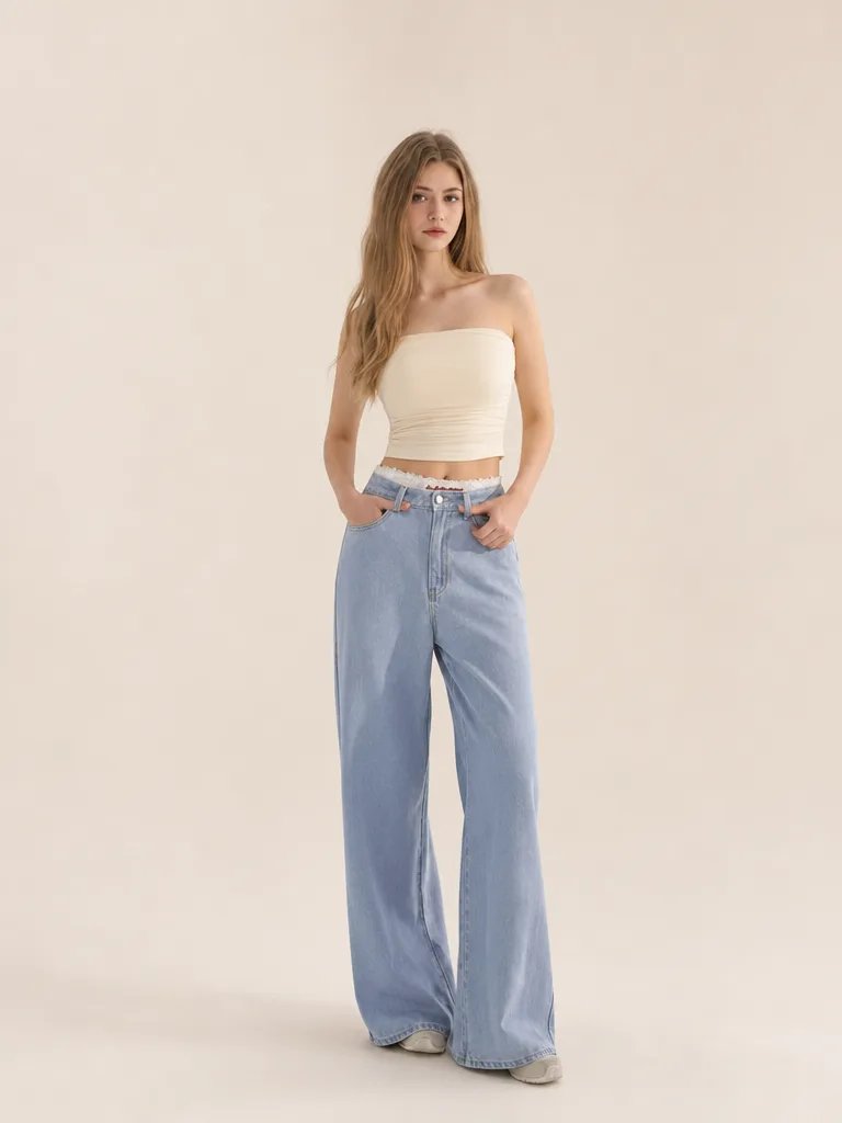 Polka Dot Printed Back Pocket Wide Leg Jeans Denim Pants