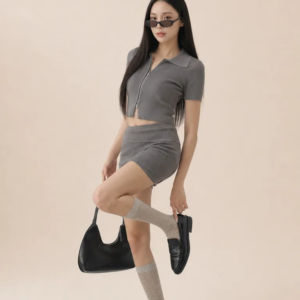 Fold Over Waistband Ribbed Knit Fitted Mini Skort